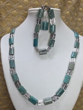 Blue Ocean Agate Stone and Silver-Accent Necklace, Bracelet & Earring Set